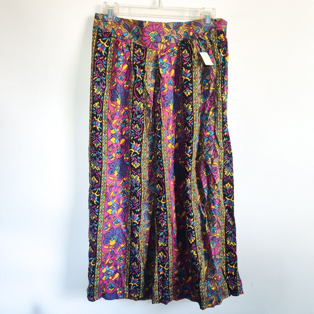 Vintage Silky Colorful Midi‎ Skirt 30"x32" Purple, Yellow, Pink Elastic Waist
